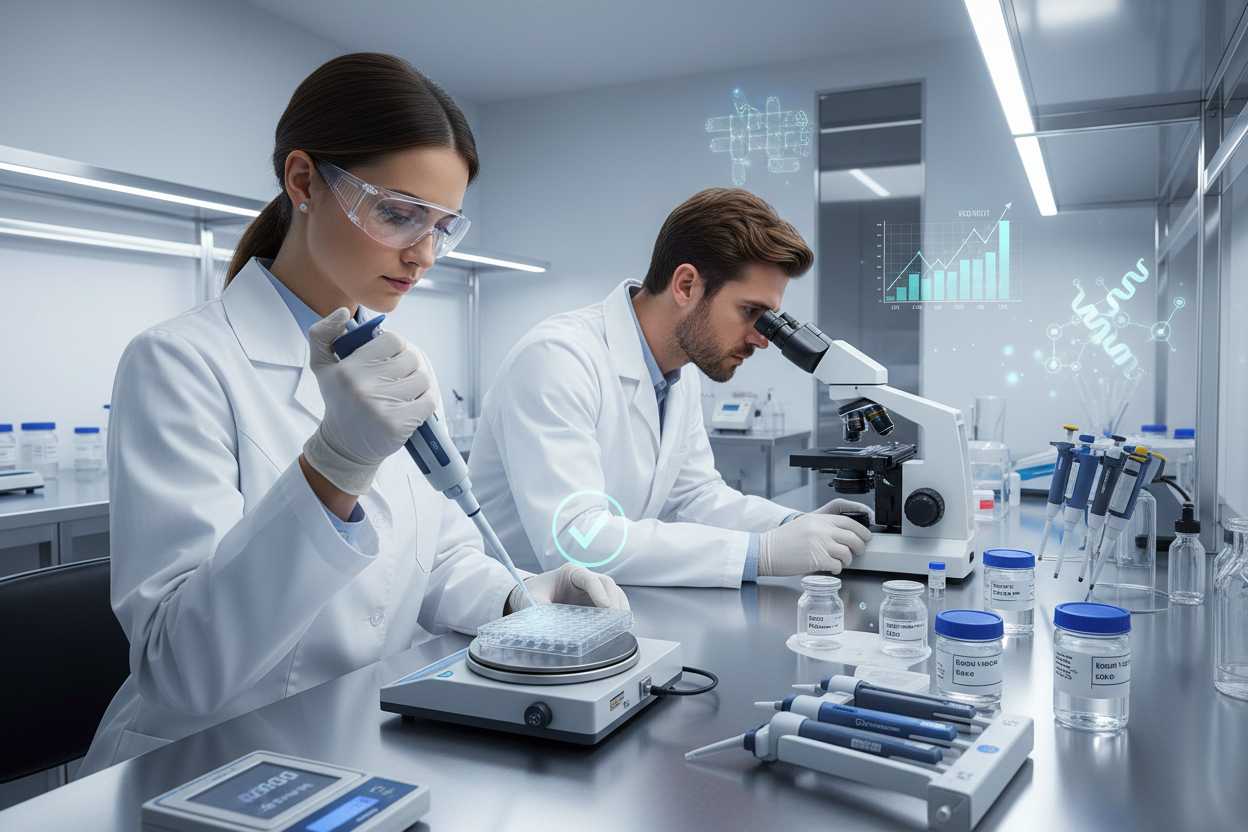 A realistic image of a high-end modern laboratory environment with scientists performing product validation tests. Focus on pipette accuracy testing and cell-culture plate inspection. Include precision instruments like pipettes, microbalances, and microscopes. Emphasize clean, bright lighting, stainless steel surfaces, and labeled samples. Subtle overlays of checkmarks, graphs, or molecular structures to suggest verification, accuracy, and ISO compliance. Professional, minimal, and data-driven aesthetic.
