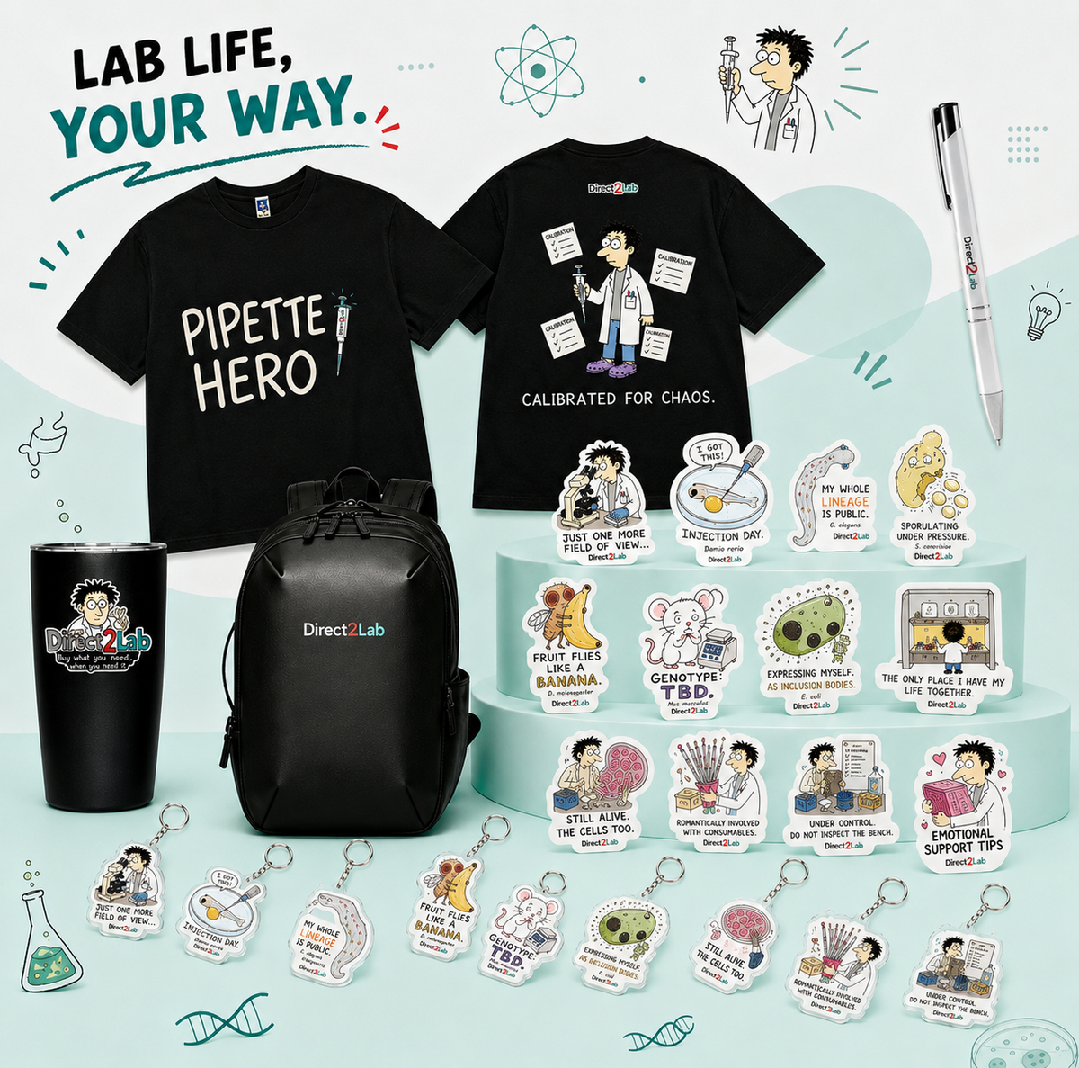 Free lab gift registration page featuring Direct2Lab Pipette Hero T-shirt, laboratory pipette, PCR plate, and biotech lab essentials for research professionals and laboratory scientists.