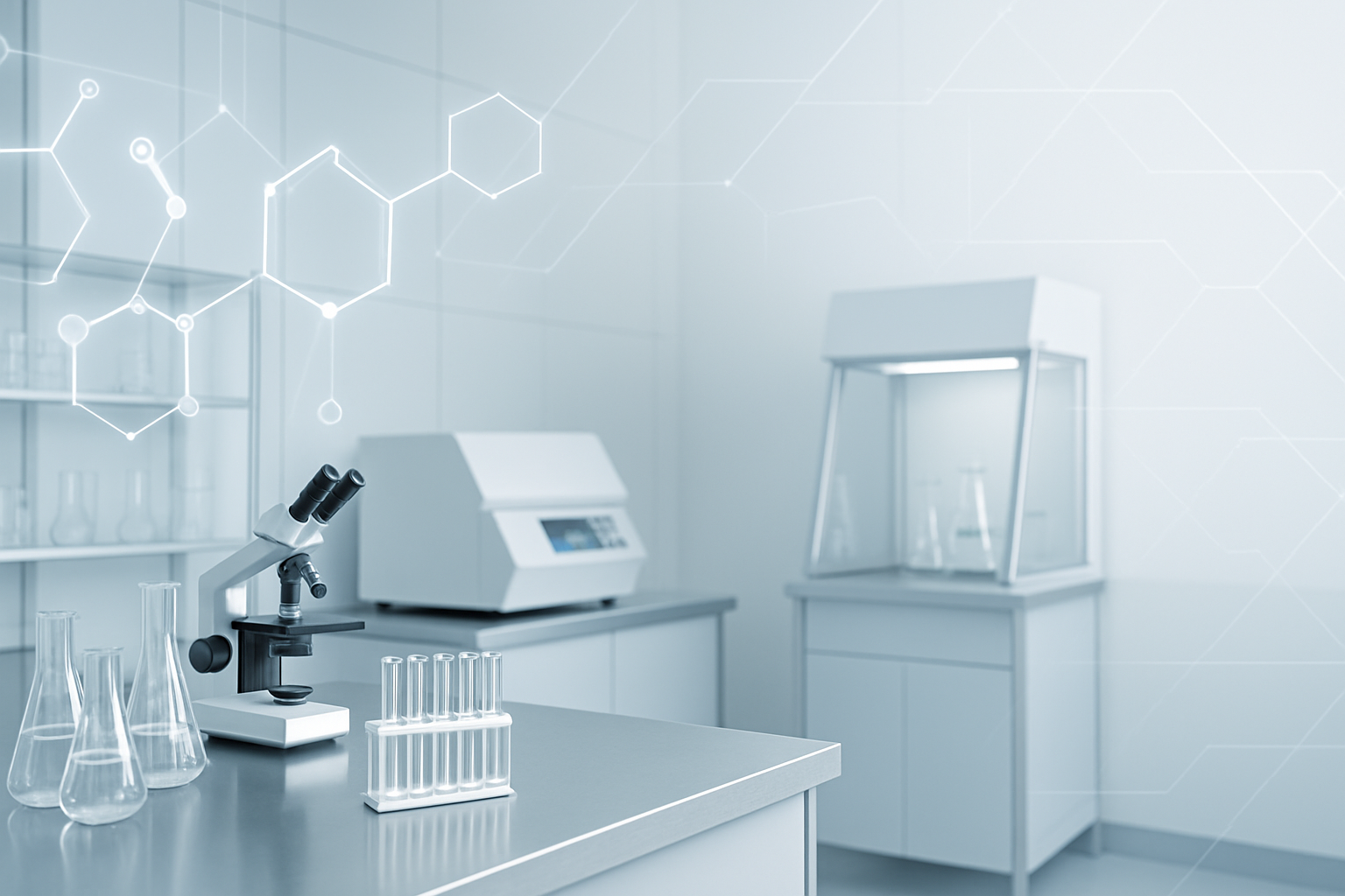 Wide hero banner of a modern, minimalistic laboratory with stainless steel benches, neatly arranged glassware, and advanced equipment. Cool neutral color palette (white, silver, light blue). A subtle glowing overlay of molecular structures and clean geometric lines to suggest precision, innovation, and trust. Clear space on the right for promotional text overlay. Professional, clinical, and high-tech aesthetic. NO WORDS ON IT