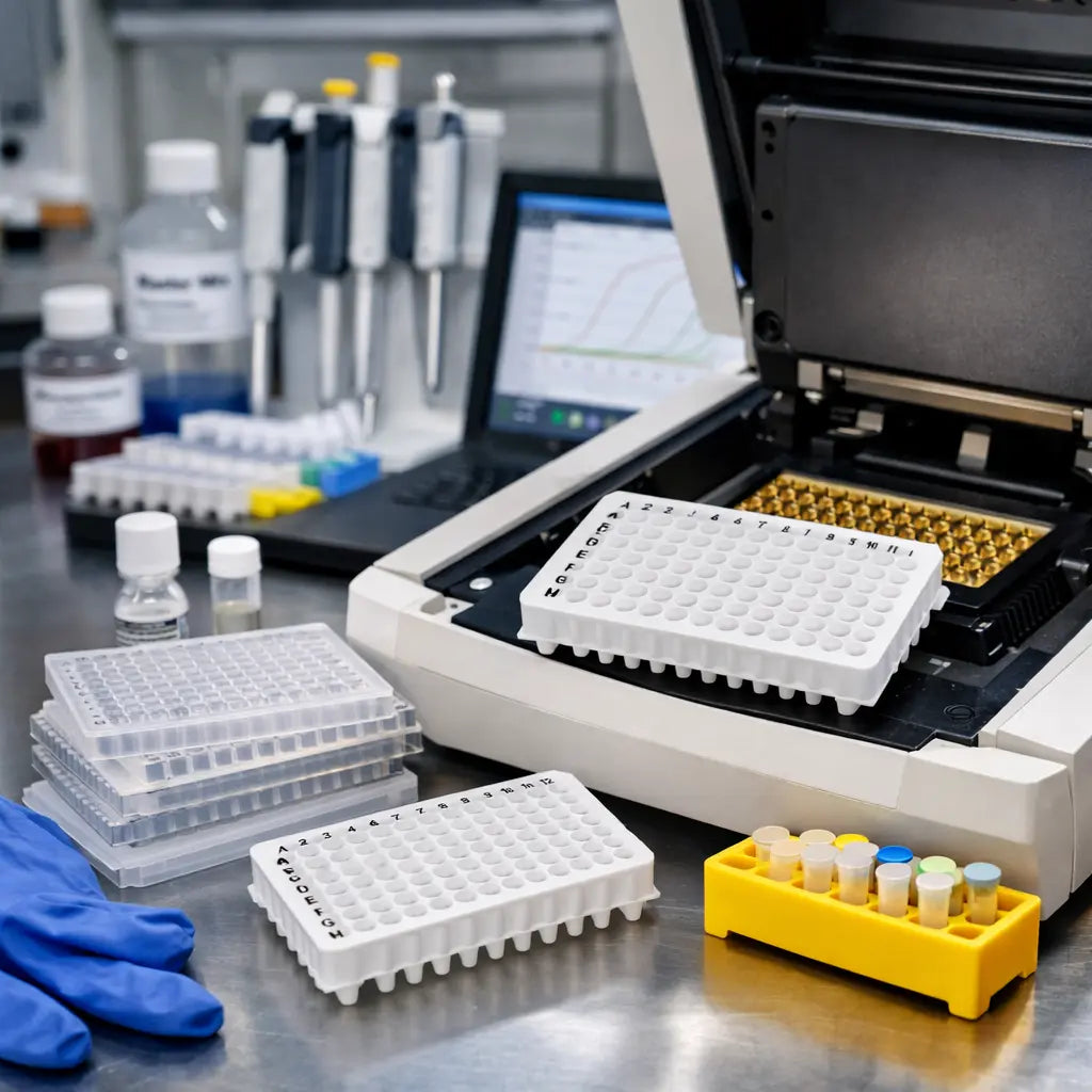 qPCR instrument with white 96-well PCR plates on the thermal block and lab bench, showing a real molecular biology workflow for high-sensitivity qPCR assays.
