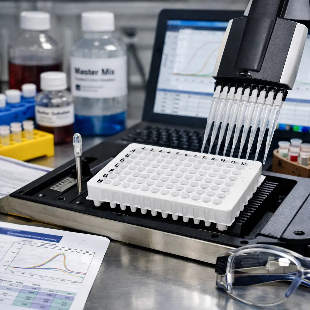 Multichannel pipette loading samples into a white 96-well qPCR plate on a thermal cycler, with qPCR amplification curves displayed on a laptop in a real molecular biology lab.