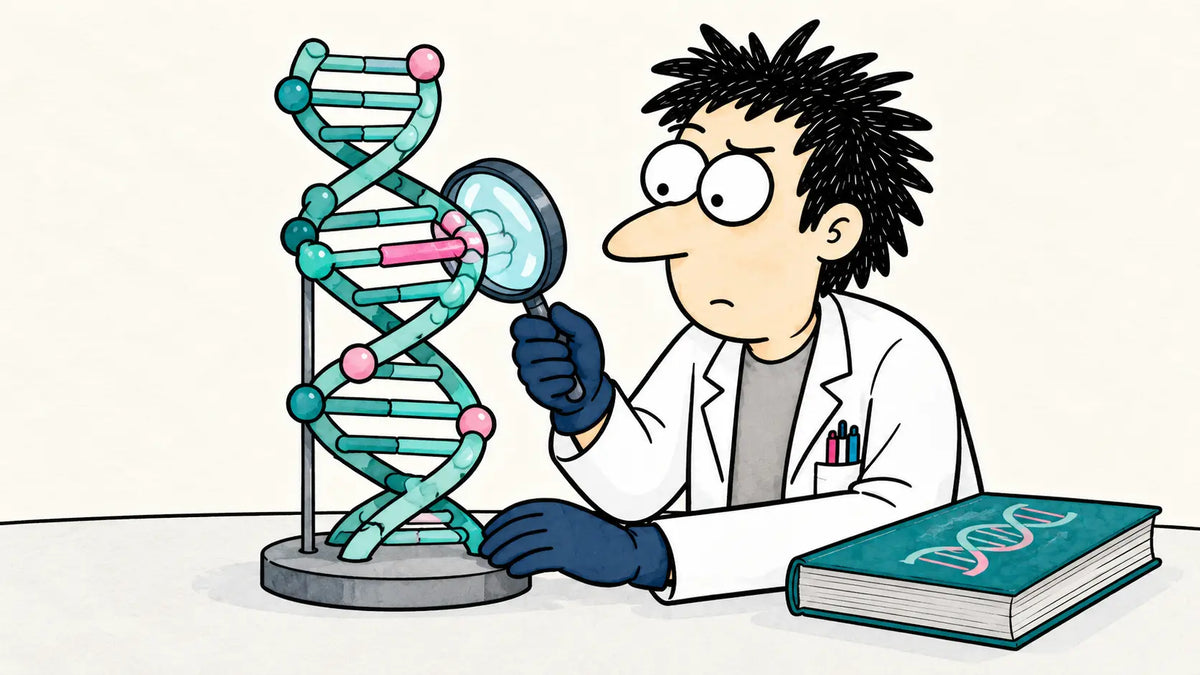 Dr. Nerdy examining a DNA teaching model with a magnifying glass.