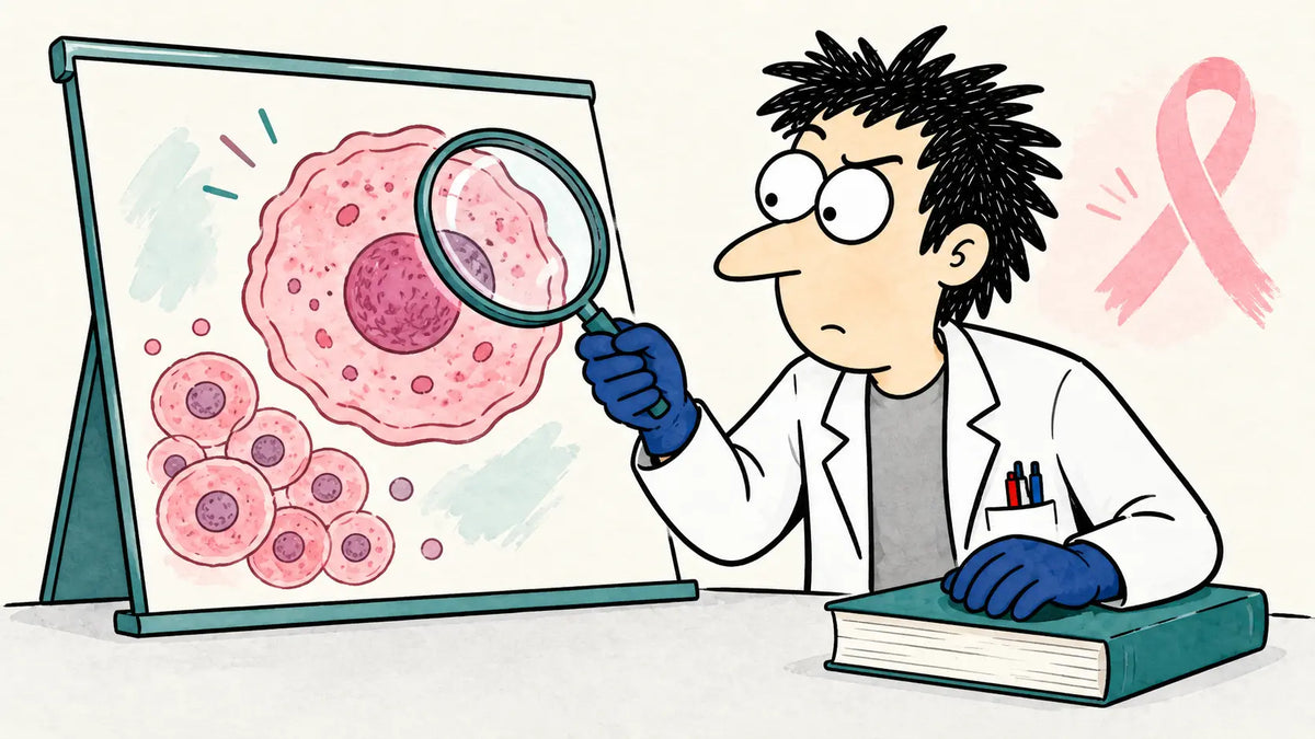 Dr. Nerdy examining an illustrated cell and a cluster of cells.