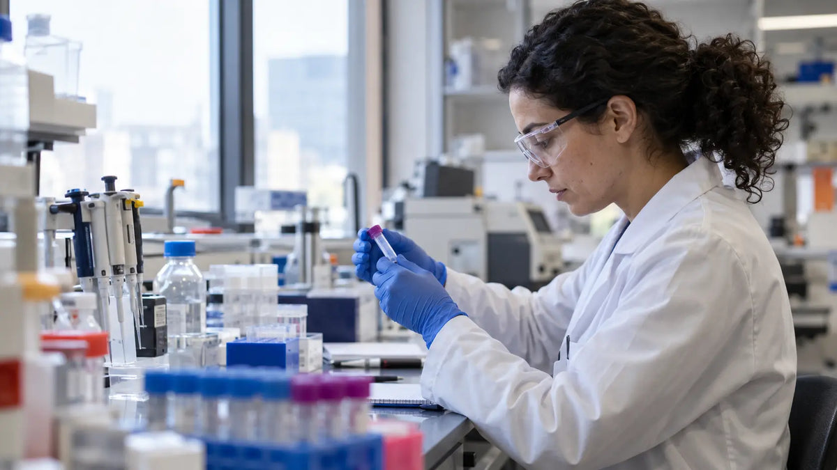 Researcher examining a sample tube at a laboratory bench.