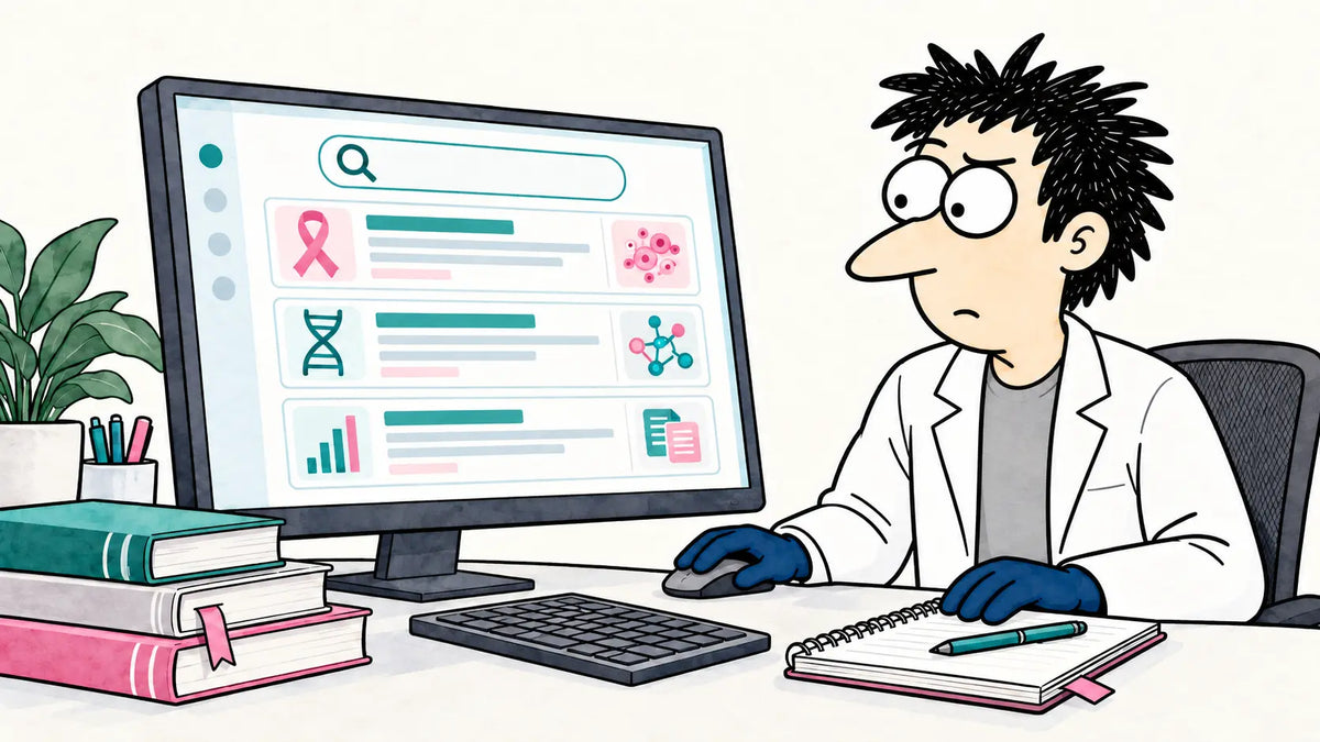 Dr. Nerdy exploring a conceptual research database at a computer.