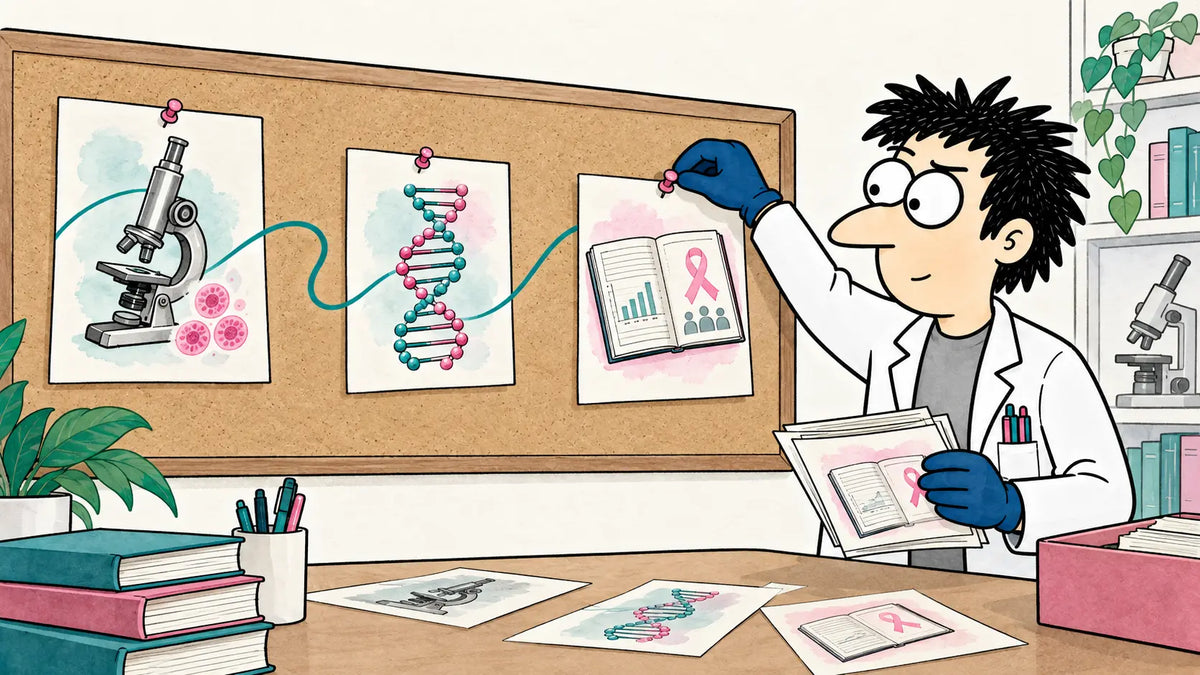 Dr. Nerdy arranging illustrations of scientific research milestones.
