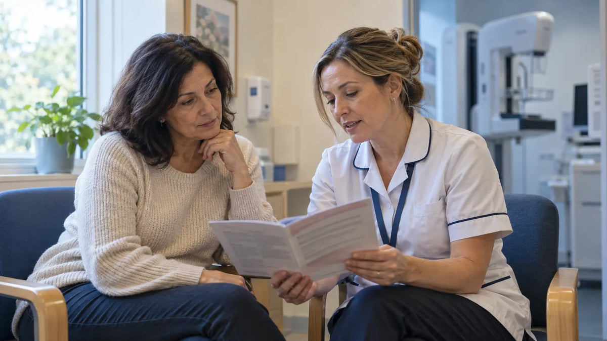 Clinician and woman discussing breast screening information.