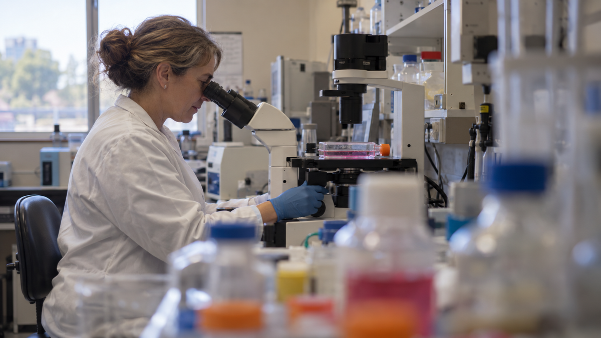 Researcher observing a cell culture flask with an inverted microscope.