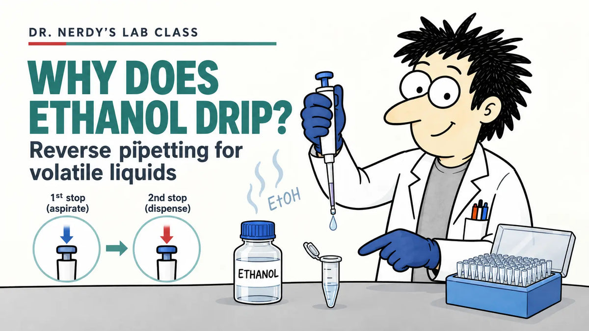Dr. Nerdy teaching about ethanol dripping from a pipette tip and reverse pipetting of volatile liquids.