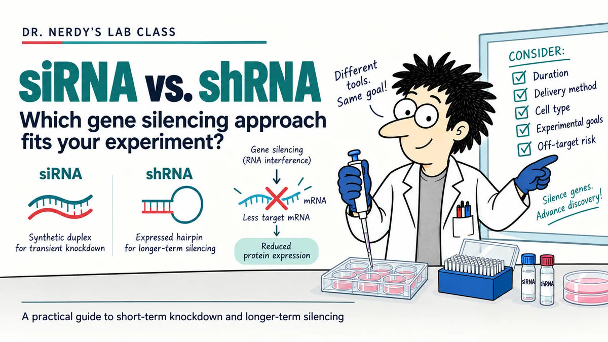 Dr. Nerdy teaching siRNA versus shRNA with RNA diagrams, a cell culture plate, and a gene silencing checklist.