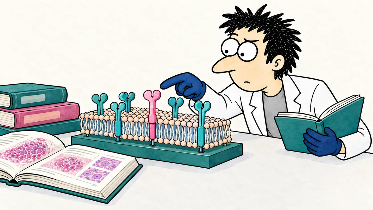 Dr. Nerdy examining a conceptual cell membrane receptor model.