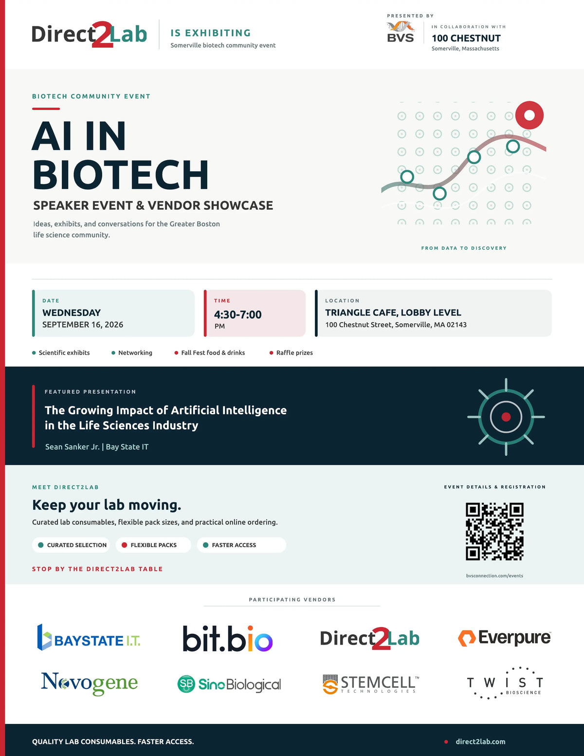 Direct2Lab poster for the BVS AI in Biotech event at 100 Chestnut in Somerville on September 16, 2026