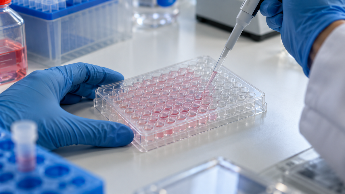 Gloved hands pipetting into a microplate containing pink liquid.