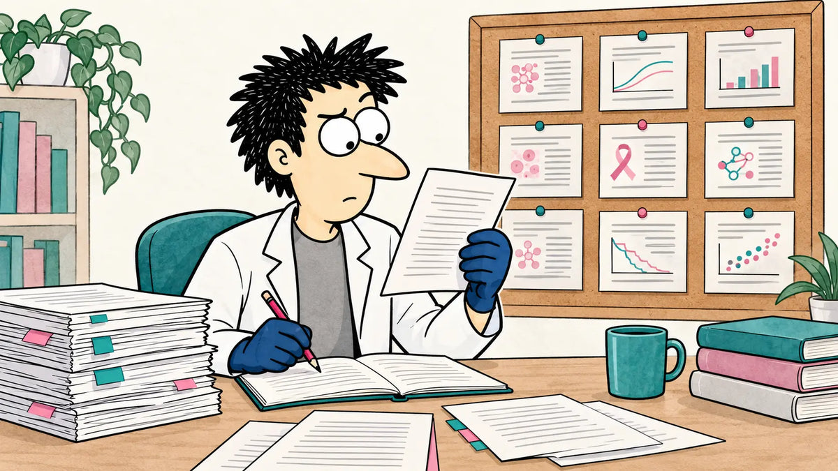 Dr. Nerdy reviewing research papers with nine paper cards on a display board.