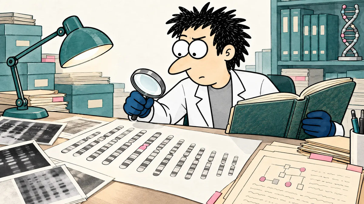 Dr. Nerdy reviewing conceptual chromosome illustrations and genetics archives.