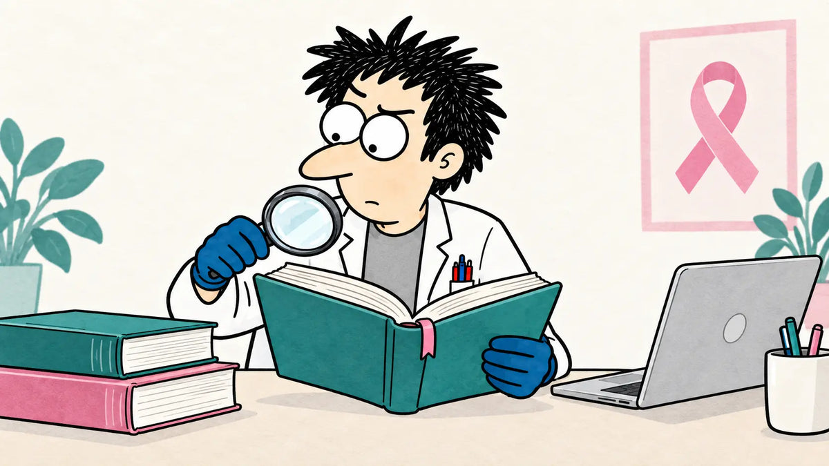 Dr. Nerdy carefully reading a reference book beside a laptop.