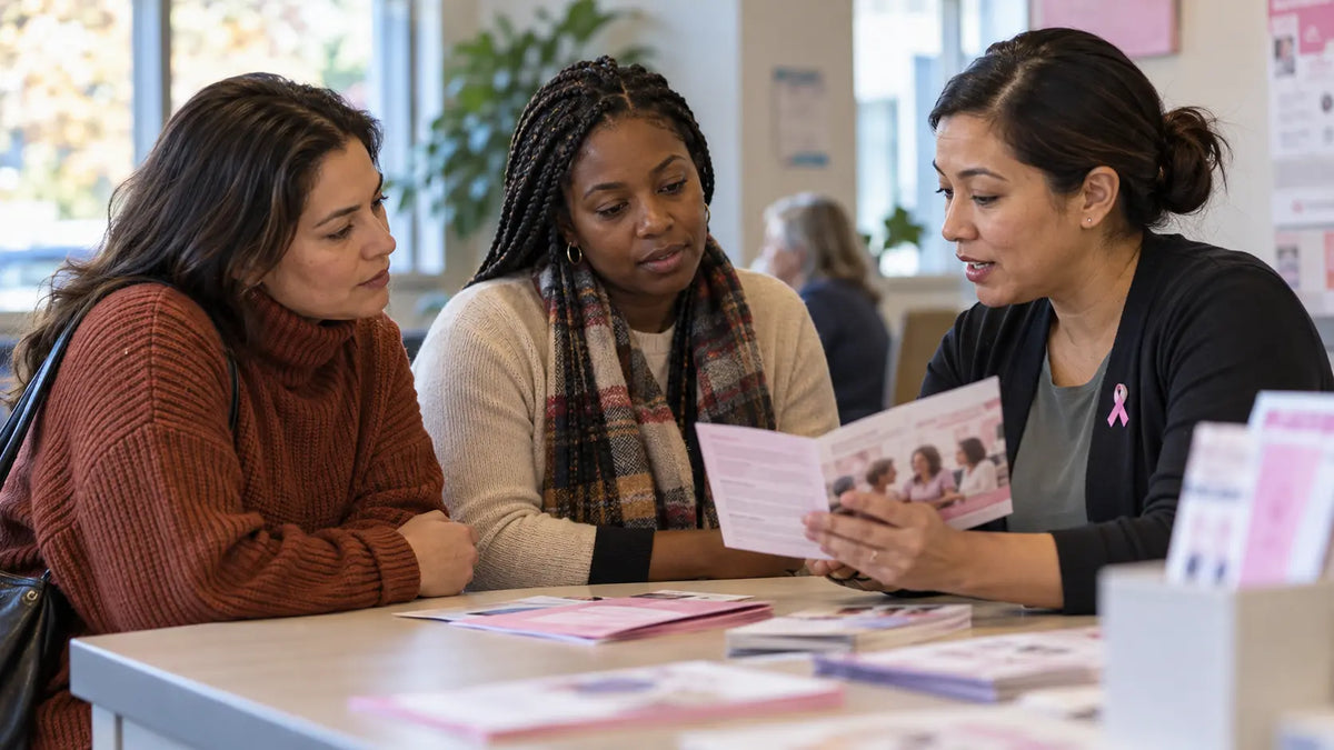 Women discussing educational materials at a breast cancer awareness table.
