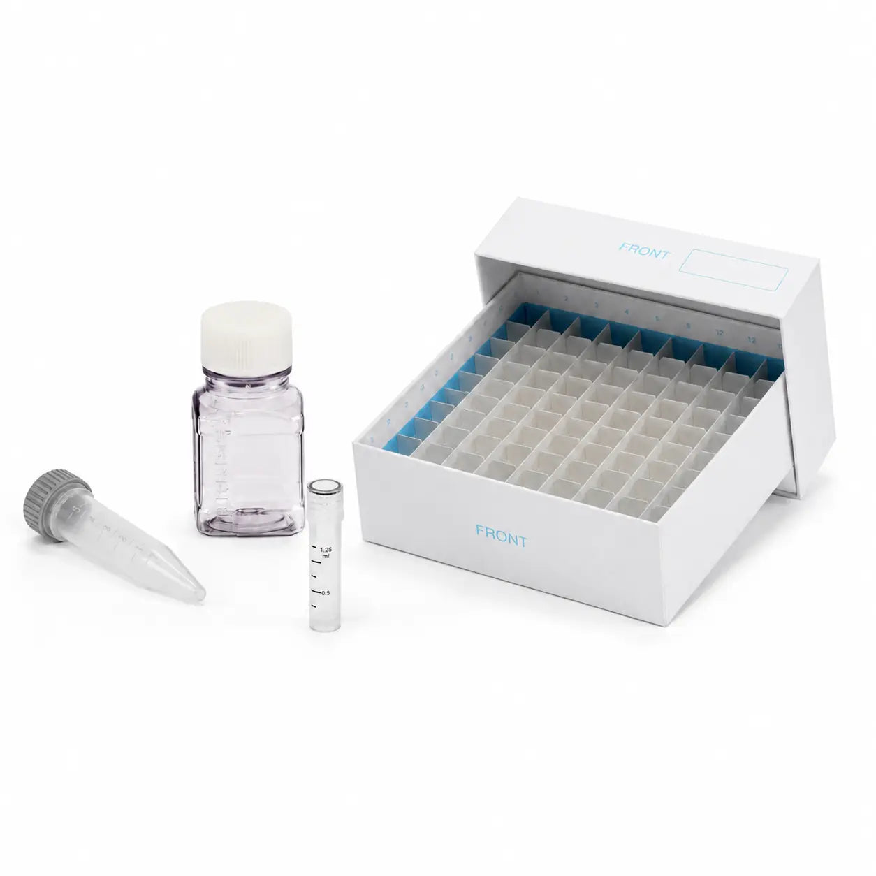 Centrifuge and microcentrifuge tubes, sample tubes, cryogenic vials, storage boxes, labels, media bottles, and laboratory storage bottles.