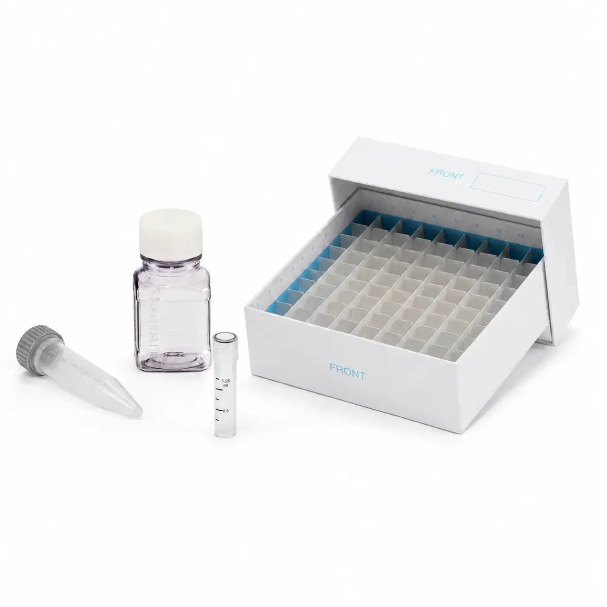 Centrifuge and microcentrifuge tubes, sample tubes, cryogenic vials, storage boxes, labels, media bottles, and laboratory storage bottles.