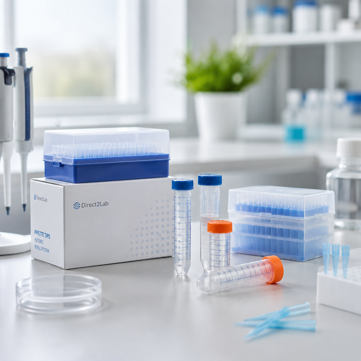 Pipette tips, centrifuge tubes, and lab consumables from Direct2Lab on a clean laboratory bench