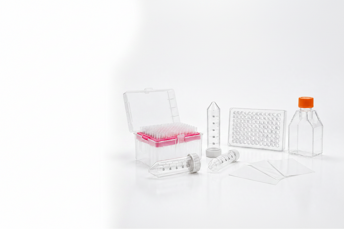 A set of clear plastic laboratory and medical equipment on a white background, including a transparent storage case with a pink interior and white brush, a graduated cylinder, a microtiter plate, a bottle with an orange cap, and two small syringes.