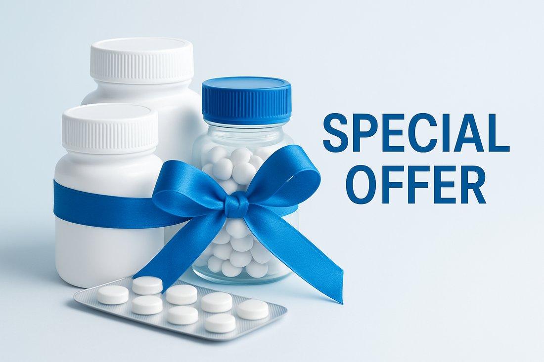 A promotion graphic with a medicine covered in a ribbon