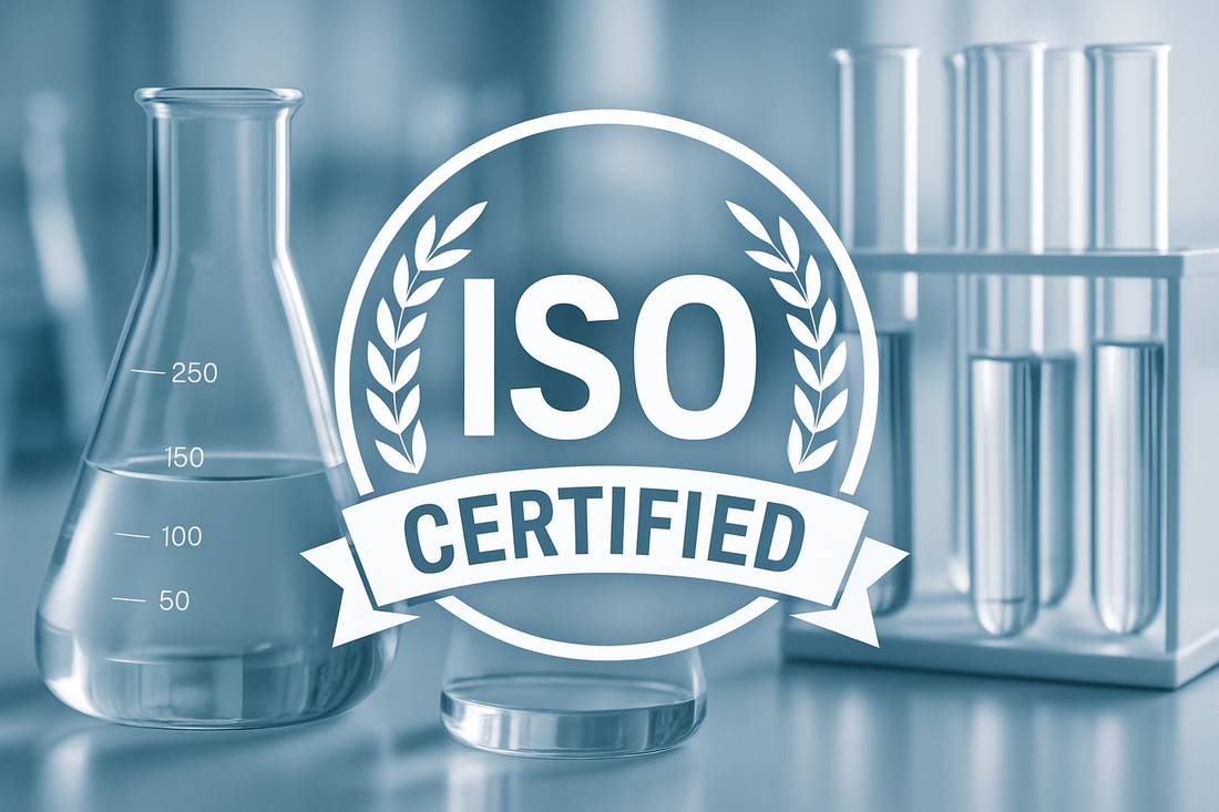 Close-up of laboratory glassware with a bold ISO certification seal overlay, professional and clean style, cool color palette, trustworthy and authoritative tone.