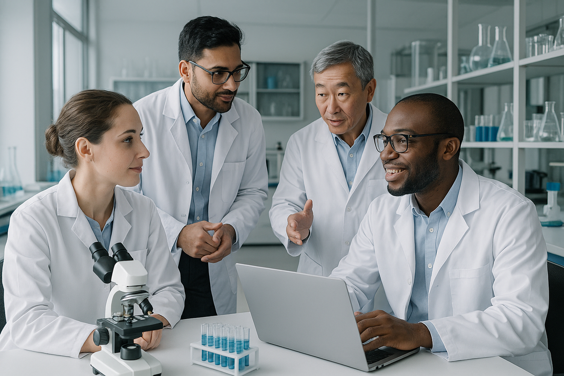 Group of professional scientists in lab coats working together in a modern laboratory, friendly but precise atmosphere, cool neutral colors, focus on collaboration and trust.