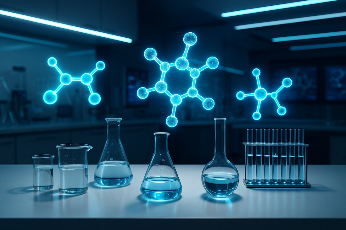 Modern laboratory bench with glowing digital molecular structures floating above glassware, futuristic lighting effects, innovative and cutting-edge atmosphere.
