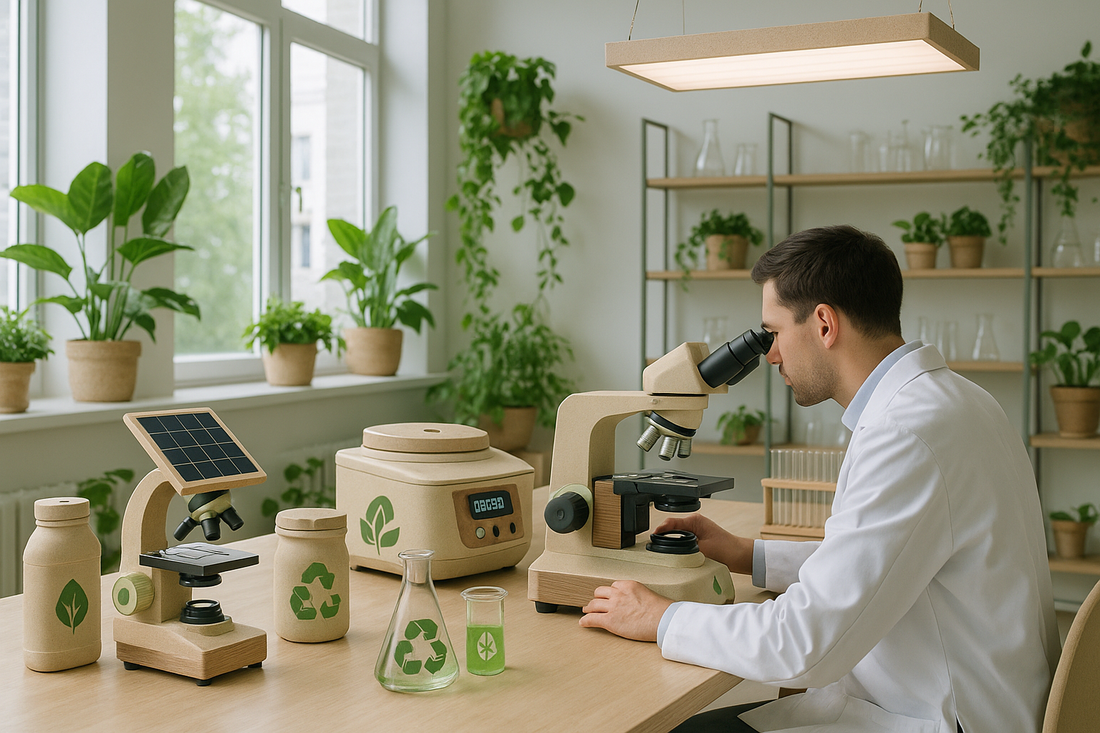 photorealistic image of human and environment-friendly lab equipment