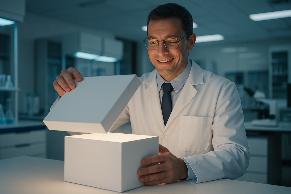 Scientist in lab coat opening a clean white box of lab supplies on a bench, soft glowing light from inside the box, modern laboratory background, welcoming professional tone.