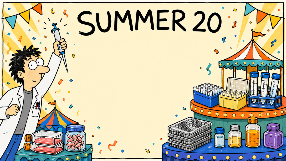 A cartoon-style summer 2020 themed graphic with a scientist in a lab coat holding up a pipette, confetti, bunting, and various science props including test tubes, microplates, and jars on a light beige background.