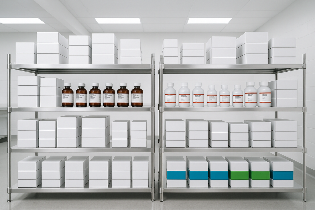 Symmetrical stacks of laboratory supply boxes and reagent bottles on stainless steel shelving, modern lab warehouse style, bright lighting, clean composition, efficiency theme.