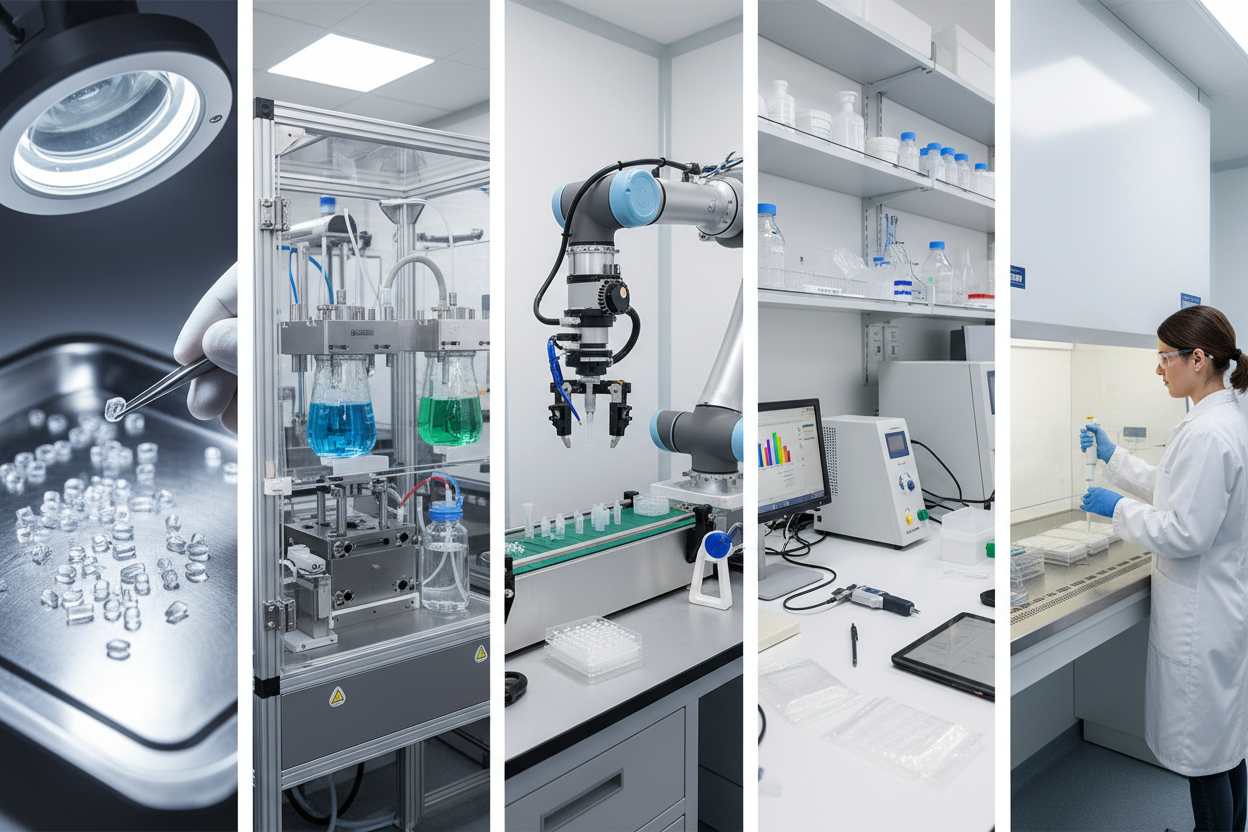 Ultra-realistic laboratory workflow scene composed of five seamless panels: (1) raw material pellets being inspected under a magnifying lamp, (2) automated molding/formulation station with stainless-steel equipment and chemical mixing vessels, (3) robotic arm performing precision assembly of plastic lab components, (4) quality-control instruments testing finished goods on a clean lab bench, and (5) scientist conducting application testing in a modern ISO-certified lab.